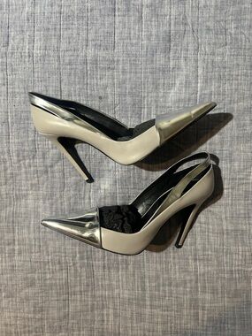 Zara Silver-Tip Ivory Pointed Slingback Heels